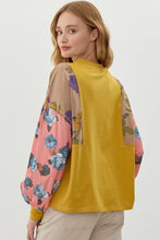 Load image into Gallery viewer, Jodifl Solid Color Top with Floral Print Sleeves in Mustard Mix
