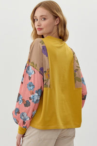 Jodifl Solid Color Top with Floral Print Sleeves in Mustard Mix