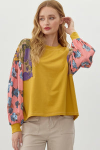 Jodifl Solid Color Top with Floral Print Sleeves in Mustard Mix