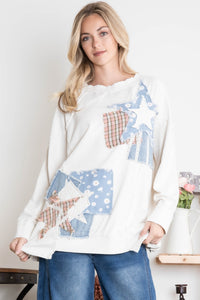 BlueVelvet Cotton Terry Knit Top with Patchwork Details in Cream
