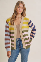Load image into Gallery viewer, In February Playful Color Story Multi Color Stripe Button-down Cardigan in Natural/Olive Mix
