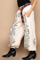 POL Floral Embroidered Twill Joggers in Oatmilk