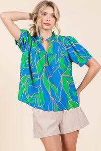 Mittoshop Leaf Print Babydoll Top in Azure Combo