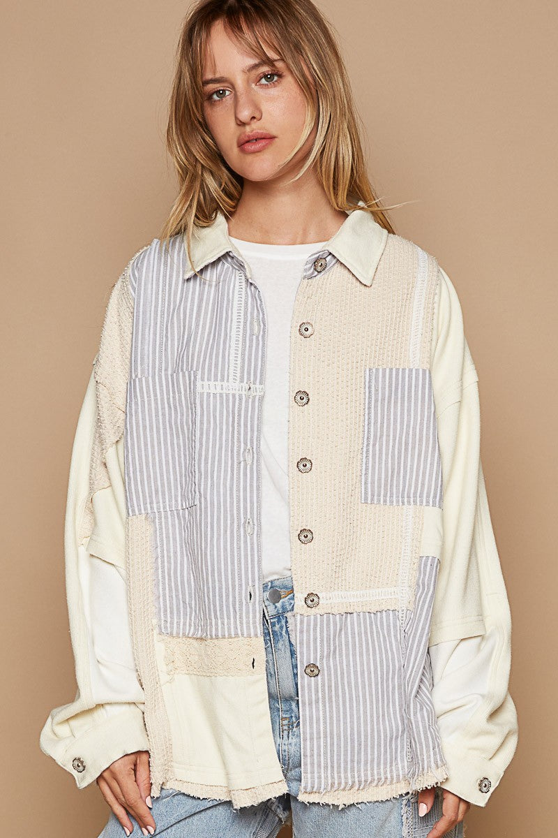 POL OVERSIZED Contrasting Print Twill Jacket in Stripe/Cream