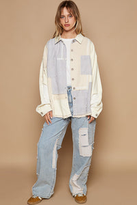 POL OVERSIZED Contrasting Print Twill Jacket in Stripe/Cream