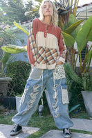 POL Knit Cotton and Plaid Print Top in Red Pumpkin