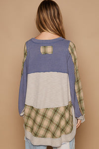 POL Knit Cotton and Plaid Print Top in Cornflower Blue