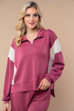 Load image into Gallery viewer, White Birch Color Block Scuba Knit Half Zip Top in Raspberry
