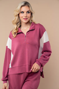 White Birch Color Block Scuba Knit Half Zip Top in Raspberry