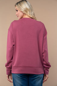 White Birch Solid Color "MAMA" Patched Pullover Top in Mauve