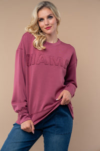 White Birch Solid Color "MAMA" Patched Pullover Top in Mauve