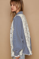 POL Twill Top with Contrasting Crochet Details in Denim Stripe