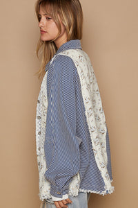 POL Twill Top with Contrasting Crochet Details in Denim Stripe