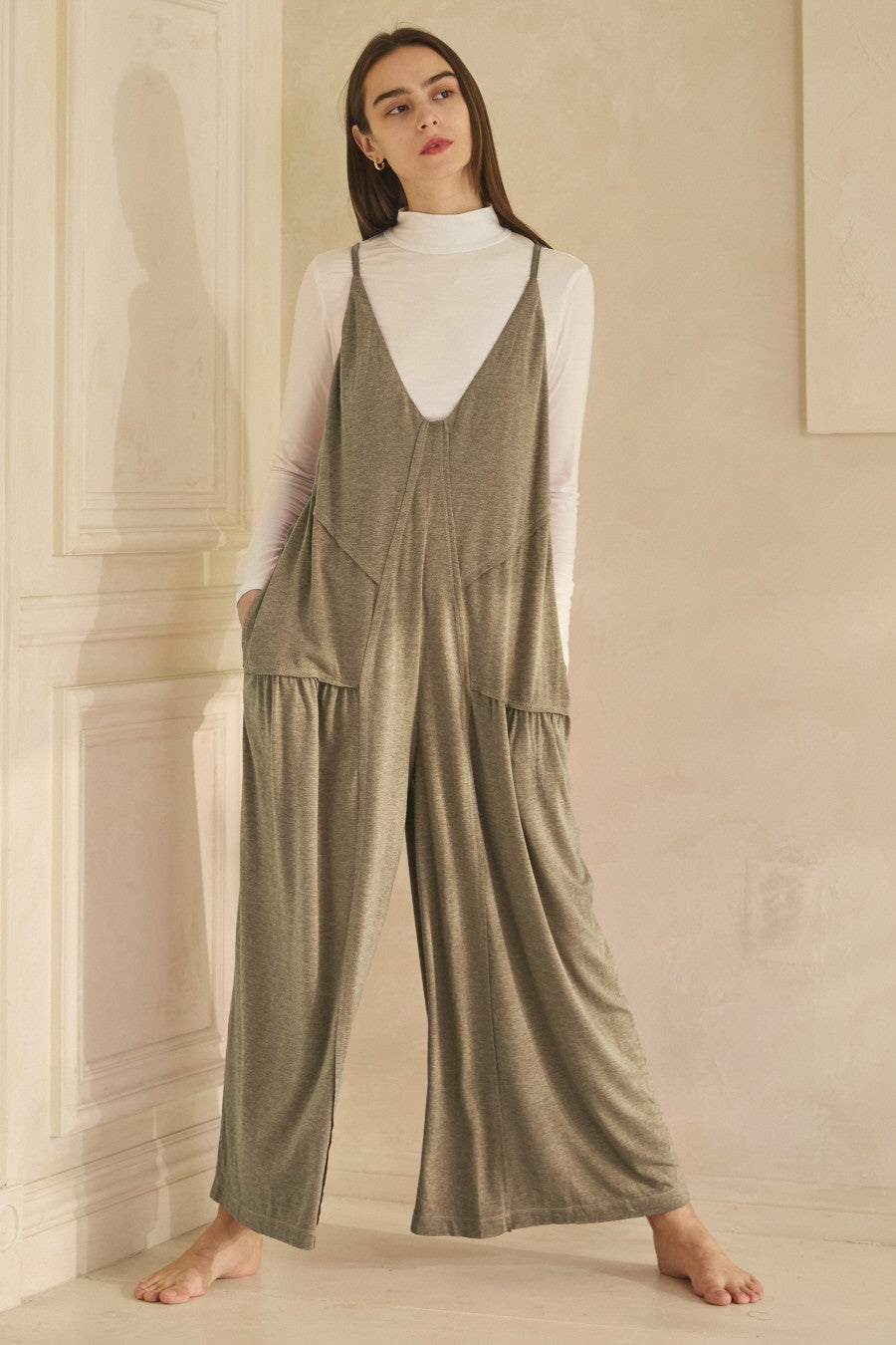 Oddi Solid Color Jersey Knit Jumpsuit in Olive