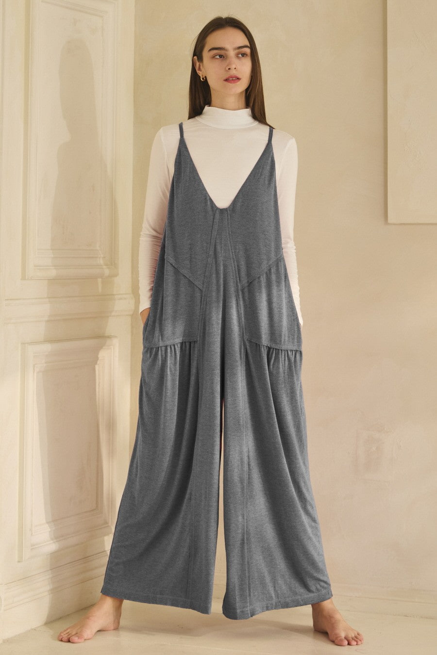 Oddi Solid Color Jersey Knit Jumpsuit in Navy