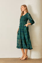 Load image into Gallery viewer, Polagram Smocked Bodice Floral Print Midi Dress in Dark Green
