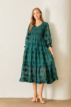 Load image into Gallery viewer, Polagram Smocked Bodice Floral Print Midi Dress in Dark Green
