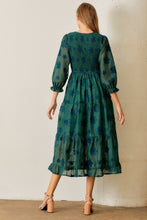 Load image into Gallery viewer, Polagram Smocked Bodice Floral Print Midi Dress in Dark Green
