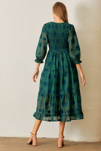 Polagram Smocked Bodice Floral Print Midi Dress in Dark Green