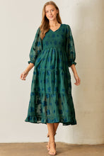 Load image into Gallery viewer, Polagram Smocked Bodice Floral Print Midi Dress in Dark Green
