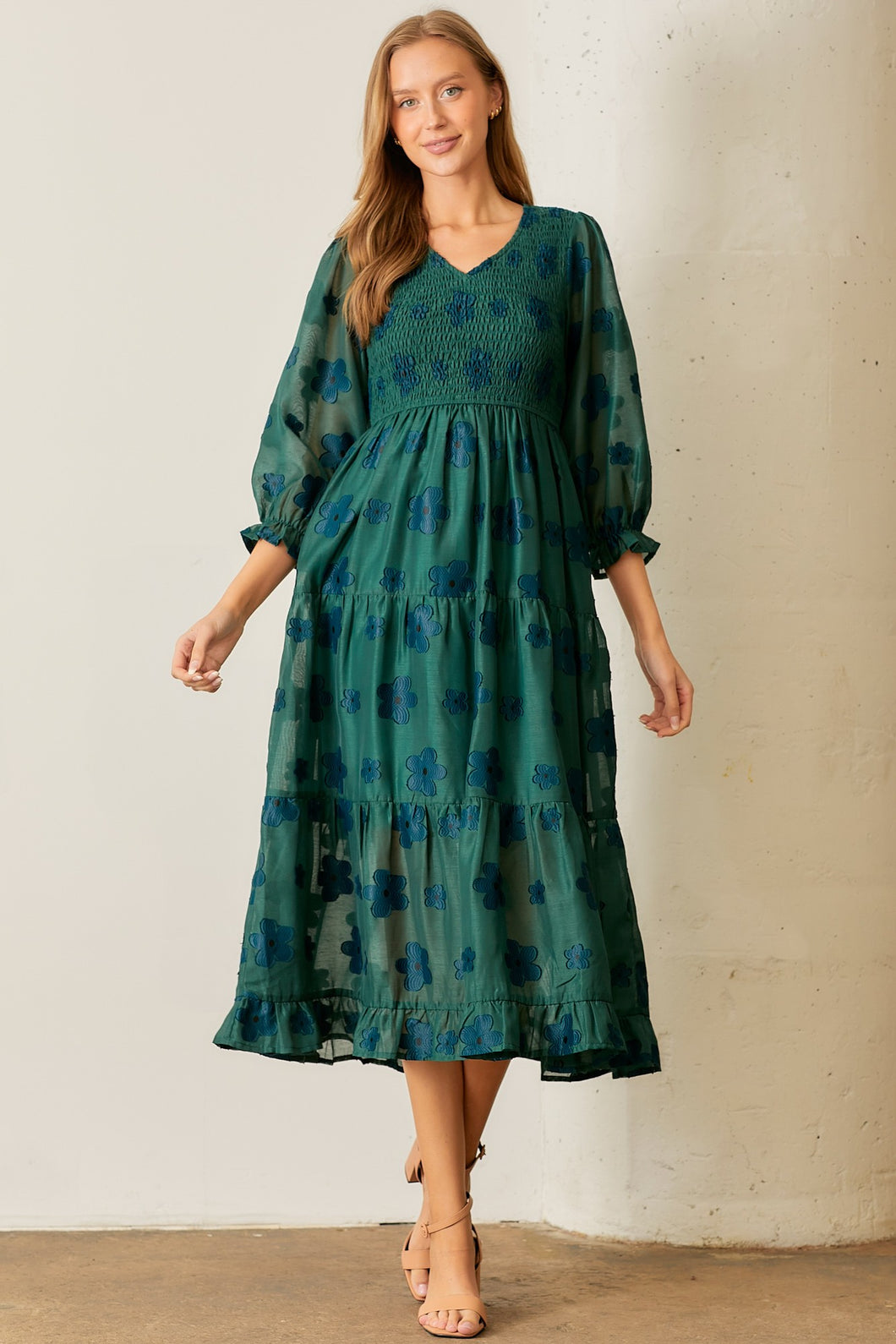 Polagram Smocked Bodice Floral Print Midi Dress in Dark Green