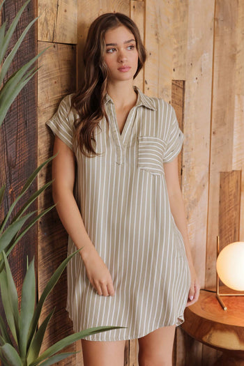 Blu Pepper Striped Dress in Olive S Blu Pepper Striped Dress in Olive S