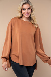 White Birch Long Sleeve Solid Color Knit Top in Caramel