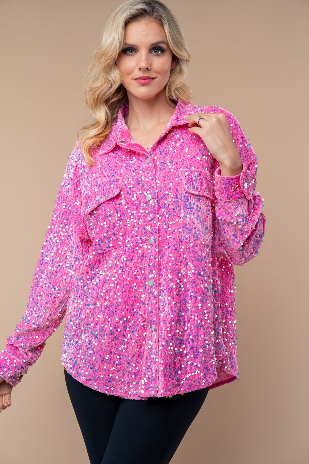 White Birch Knit Solid Color Velvet Sequin Top in Pink