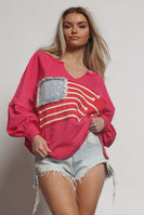 Blue Buttercup American Flag Patched Sweatshirt in Fuchsia