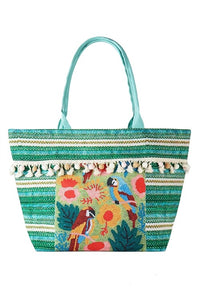 Boho Tropical Print Tote Bag with Fringe Details