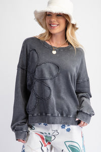 Easel Terry Knit Top with Flower Patch in Black