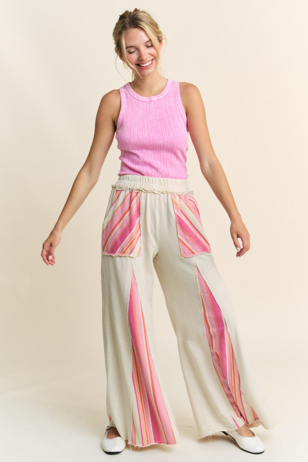 J.Her Mineral Washed Striped Detailed Flare Pants in Taupe