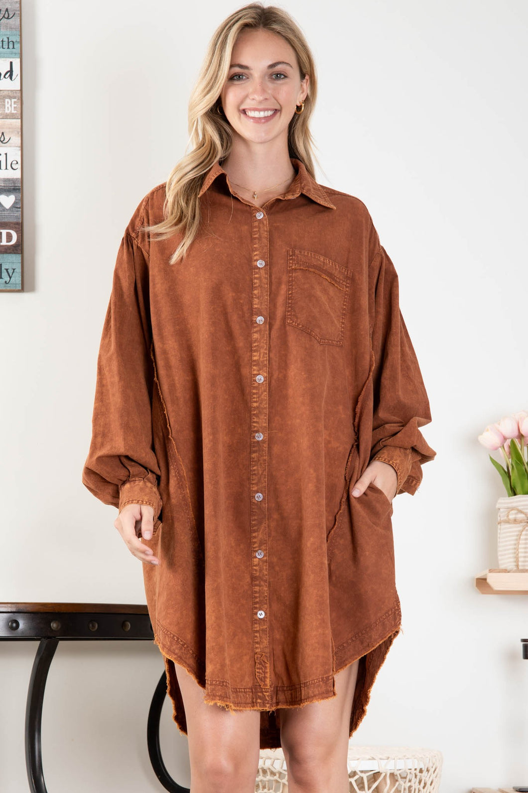 BlueVelvet Mineral Washed Cotton Button Down Dress in Mocha