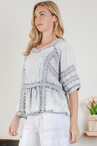 BlueVelvet Tencel Top with Crochet Insets in Light Denim