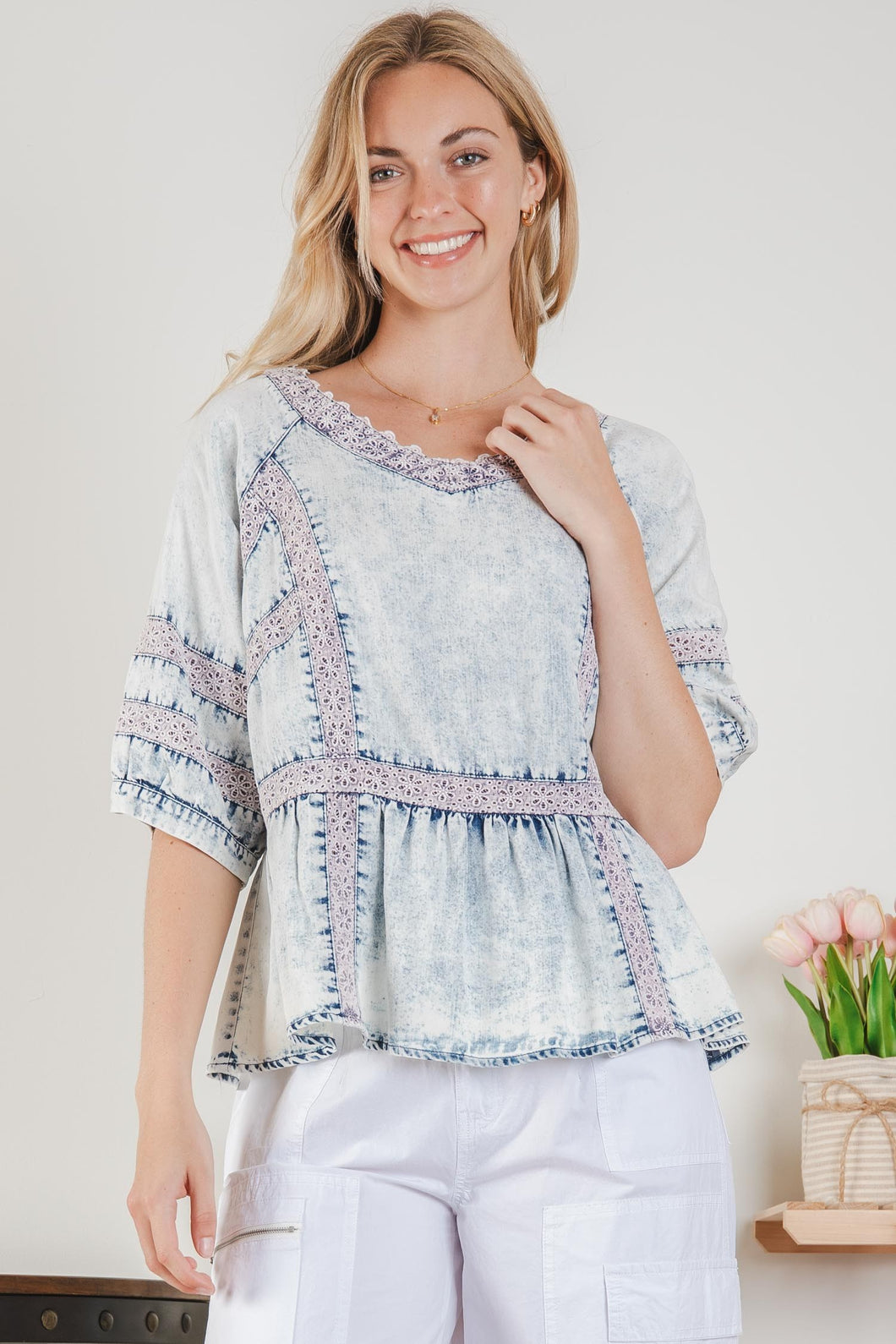 BlueVelvet Tencel Top with Crochet Insets in Light Denim