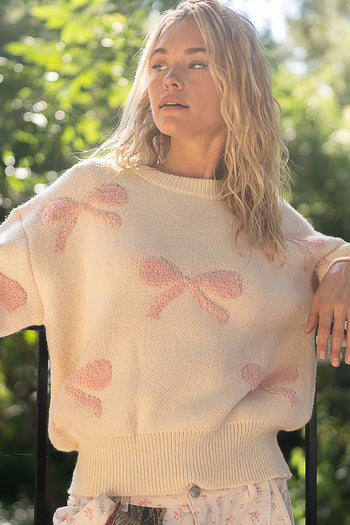 POL OVERSIZED Bow Pattern Sweater in Cream/Pink