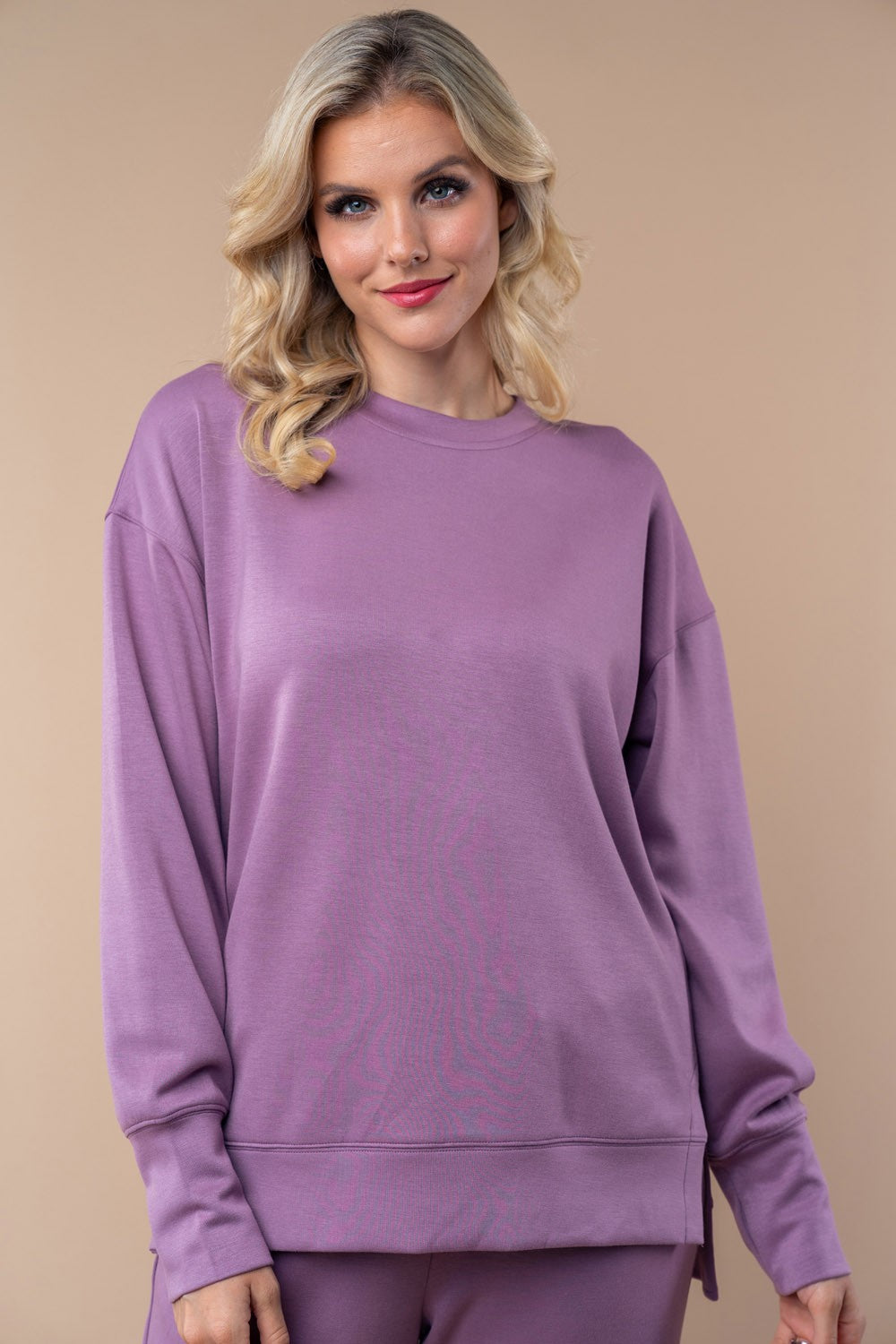 White Birch Solid Color Scuba Knit Top in Dusty Lilac