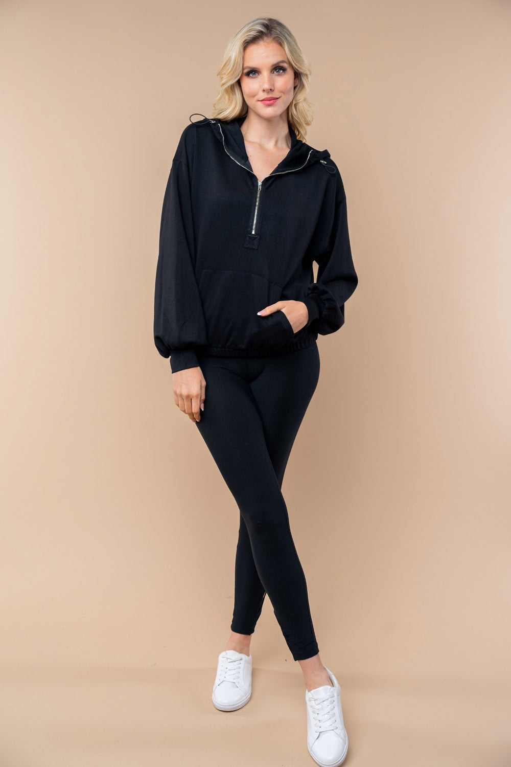 White Birch Solid Color Scuba Knit Half Zip Hoodie in Black FINAL
