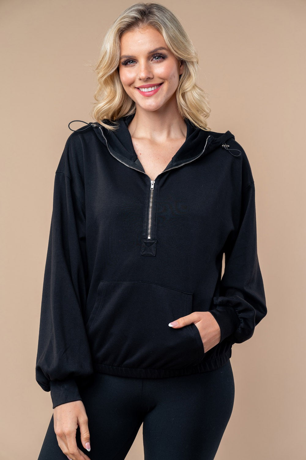 White Birch Solid Color Scuba Knit Half Zip Hoodie in Black