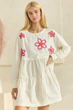 Load image into Gallery viewer, Oddi Solid Color French Terry and Poplin Dress with Embroidered Flowers in Ivory
