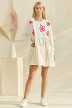 Load image into Gallery viewer, Oddi Solid Color French Terry and Poplin Dress with Embroidered Flowers in Ivory
