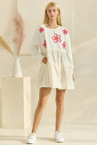 Oddi Solid Color French Terry and Poplin Dress with Embroidered Flowers in Ivory