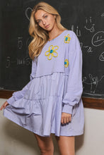 Load image into Gallery viewer, Oddi Solid Color French Terry and Poplin Dress with Embroidered Flowers in Deep Lavender
