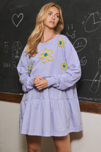 Load image into Gallery viewer, Oddi Solid Color French Terry and Poplin Dress with Embroidered Flowers in Deep Lavender
