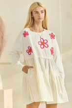 Load image into Gallery viewer, Oddi Solid Color French Terry and Poplin Dress with Embroidered Flowers in Ivory
