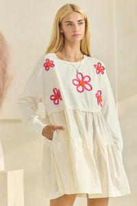 Oddi Solid Color French Terry and Poplin Dress with Embroidered Flowers in Ivory