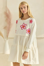 Load image into Gallery viewer, Oddi Solid Color French Terry and Poplin Dress with Embroidered Flowers in Ivory
