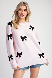 ee:some Solid Color Knit Sweater with Bow Print in Baby Pink