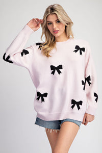 ee:some Solid Color Knit Sweater with Bow Print in Baby Pink