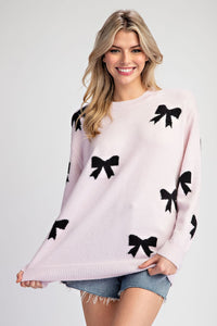 ee:some Solid Color Knit Sweater with Bow Print in Baby Pink